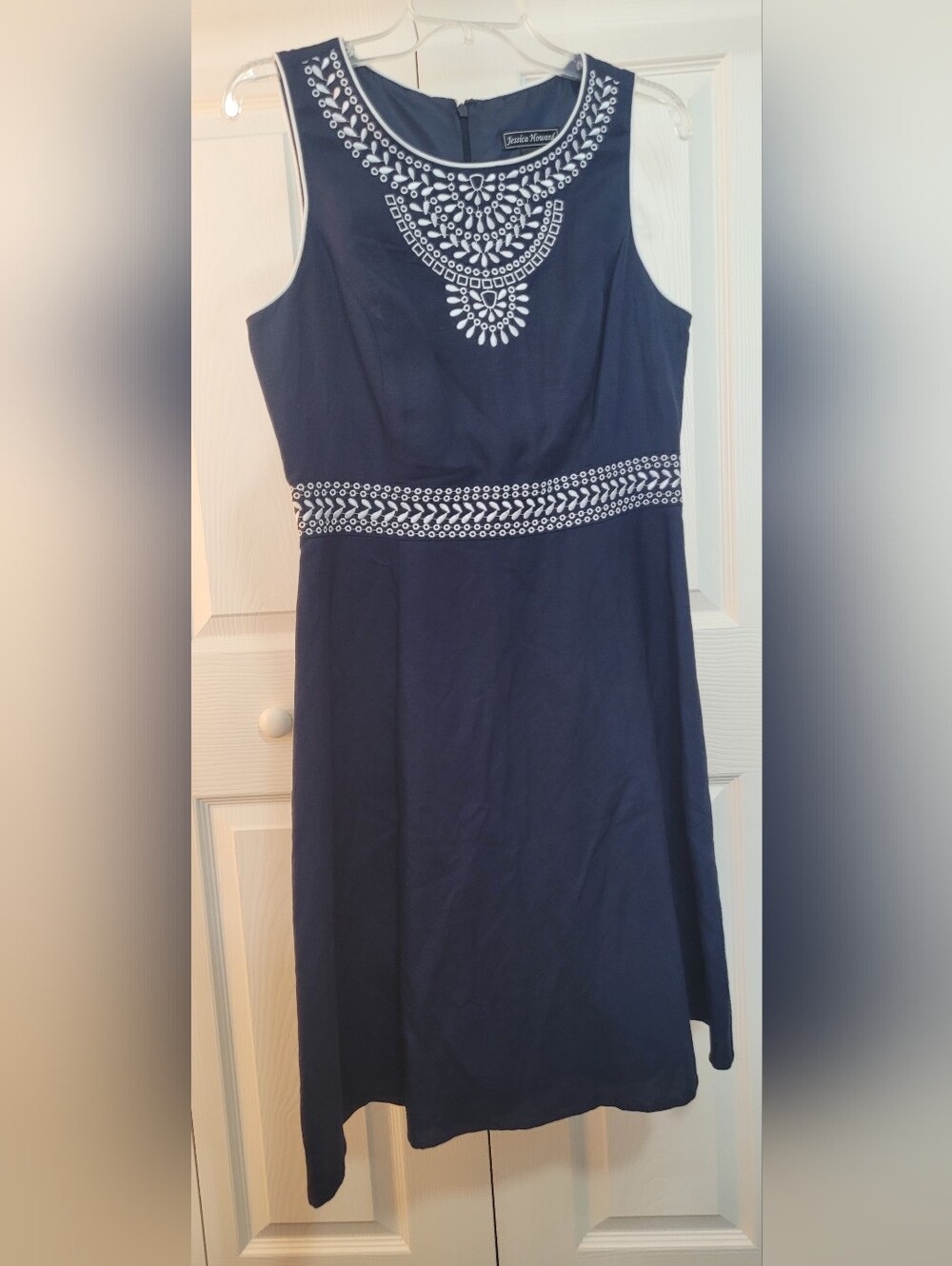 Jessica Howard Linen Navy Dress with White Embroidered Yoke